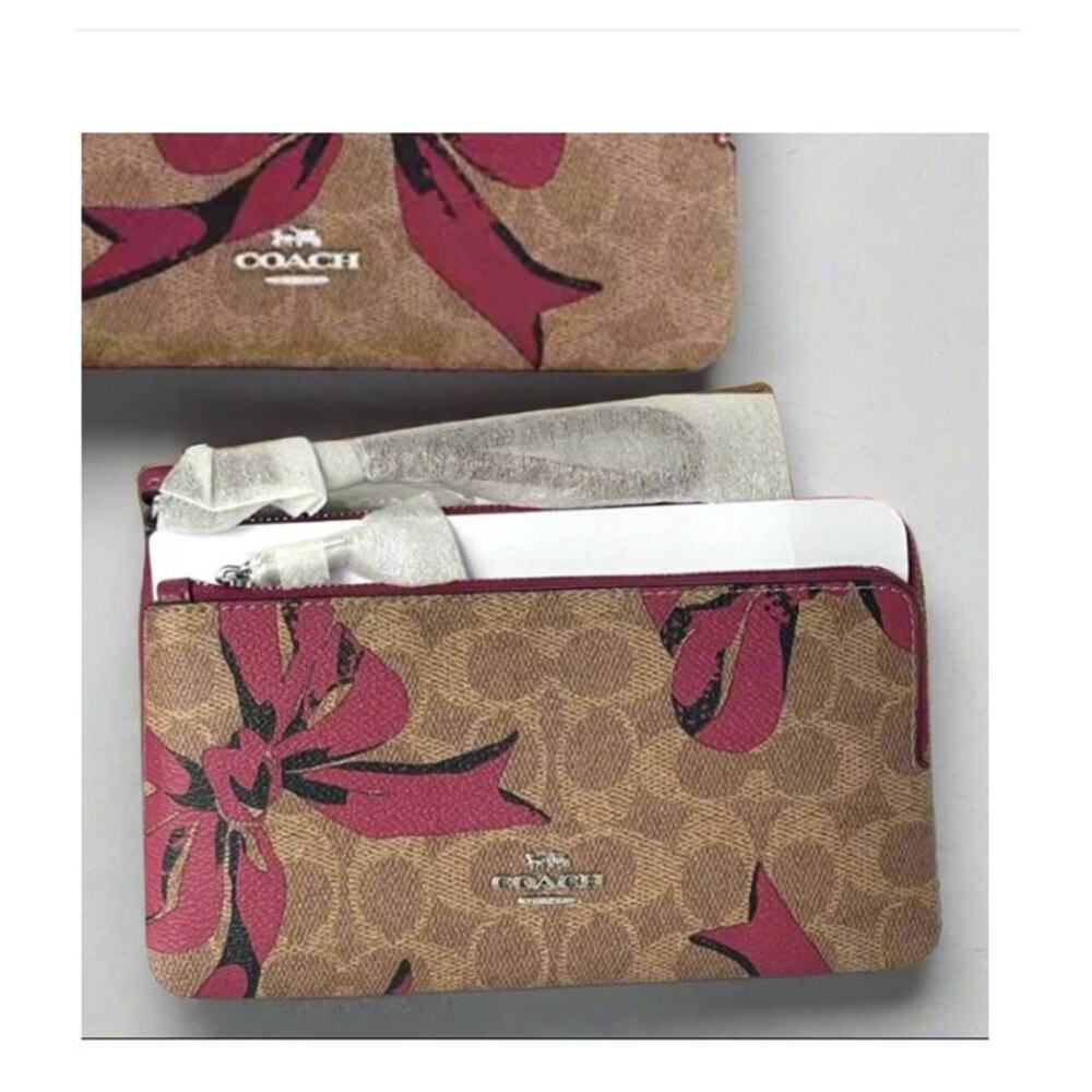 Coach CAA84 Double Zip Phone Wallet Red Bow Signature Canvas Wristlet - Picture 7 of 9